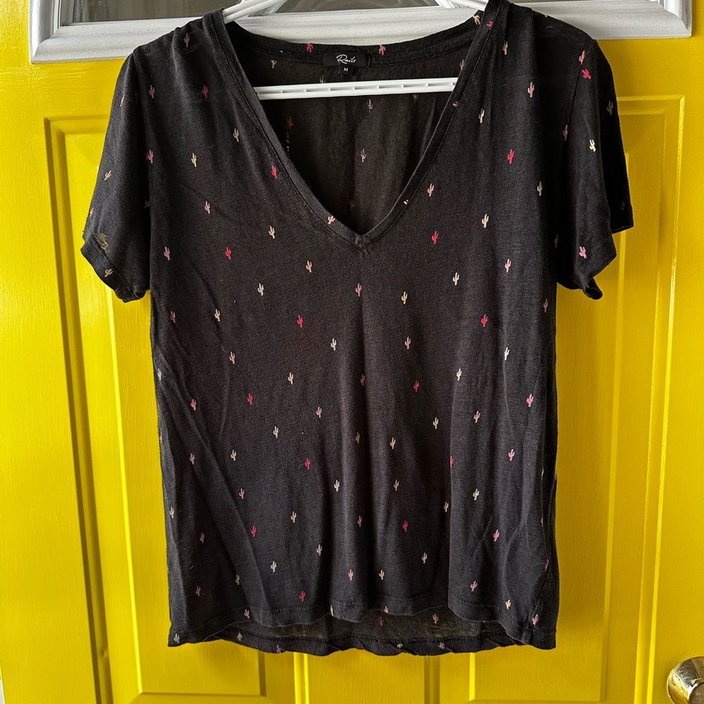 Rails Black V-Neck Tee with Cactus Pattern